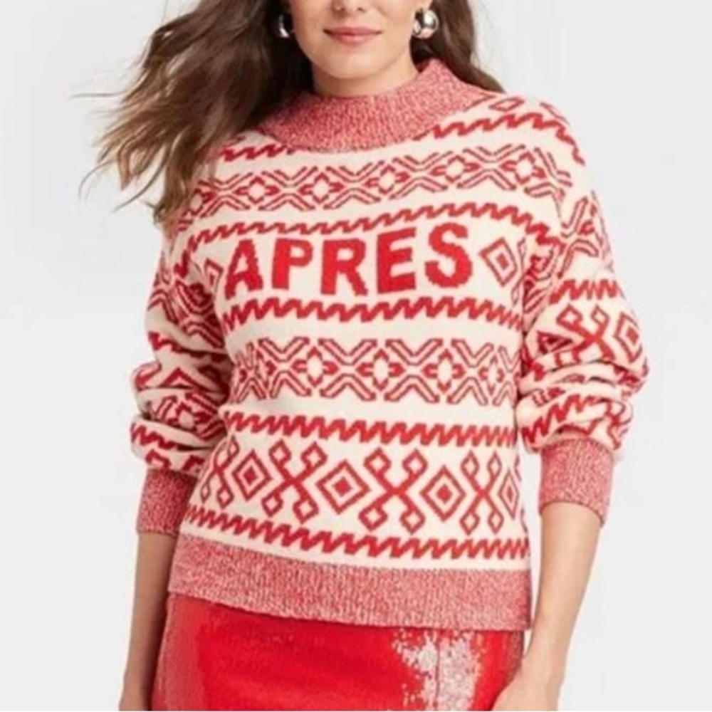 APRES Red & White Mock Turtle Neck Pullover Fair Isle Sweater by A New Day